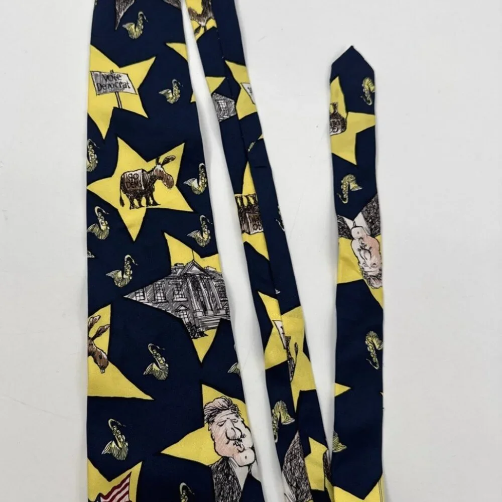 Democratic Political Tie Silk Mike Luckovich Bill Clinton Democrat Saxophone 90s